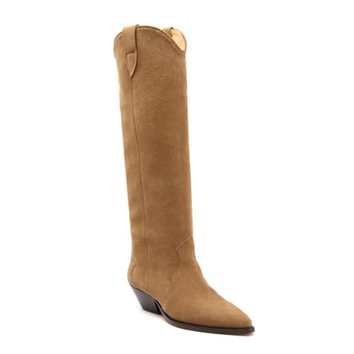 GTBINGGO Suede Knee High Boots for Women Pointed Toe Cowboy Boots Chunky Low Heels Tall Long Boots Dressy Pull on Wide Calf Fashion Casual Tan Camel | Amazon (US)