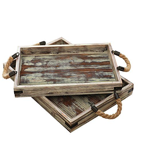 Set of 2 Country Rustic Wood Nesting Serving Trays with Rope Handles | Amazon (US)