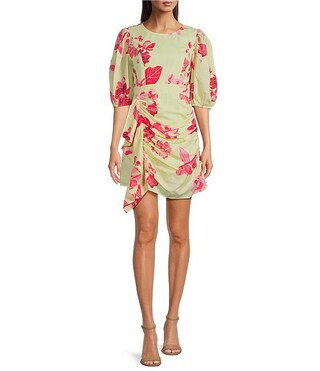 Alara Floral Print Scoop Neck 3/4 Puff Sleeve Ruched Faux Wrap Dress | Dillard's