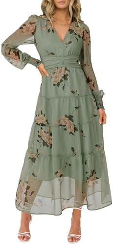 ANRABESS Womens Floral Long Sleeve Maxi Dress V Neck Chiffon Flowy Boho A-Line 2025 Fall Wedding ... | Amazon (US)