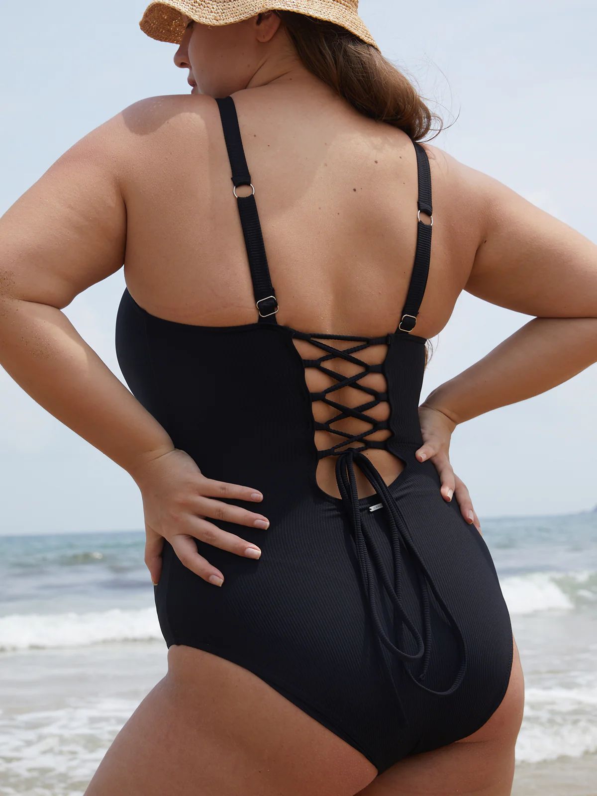 Black Cross Back Plus Size One-Piece Swimsuit & Reviews - Black - Sustainable Plus Size One-Piece... | BERLOOK