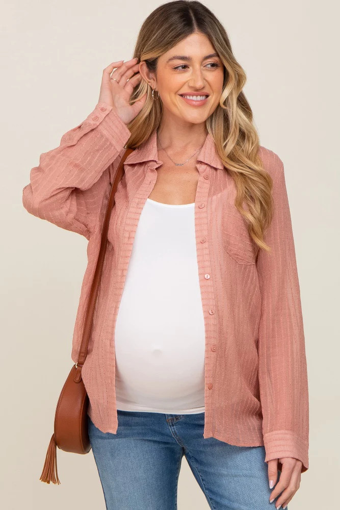 White Textured Stripe Collared Button-Down Long Sleeve Maternity Top | PinkBlush Maternity