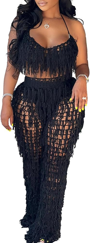 Tbahhir Women's 2 Piece Vacation Outfits Sexy Beach Suits Crochet Bikini Coverups Halter Top Pant... | Amazon (US)