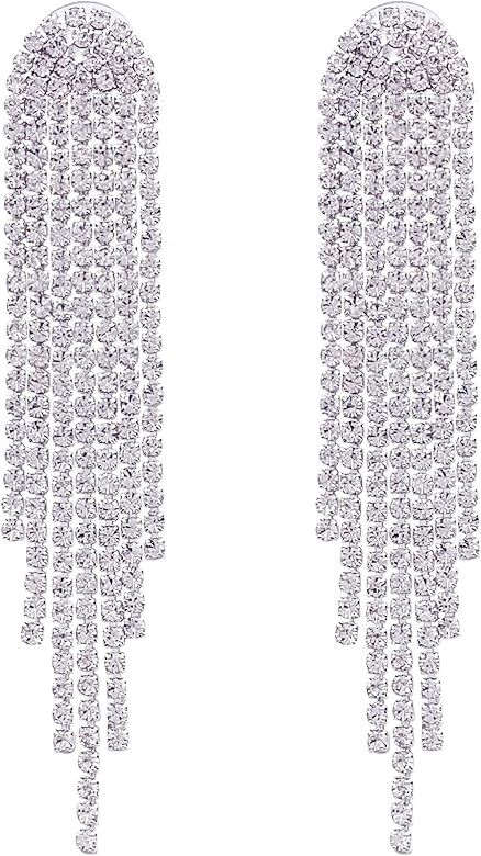 SELOVO Clear Rhinestone Crystal Boho Tassel Long Sparkle Dangle Earrings 2.8"/3.3" | Amazon (US)