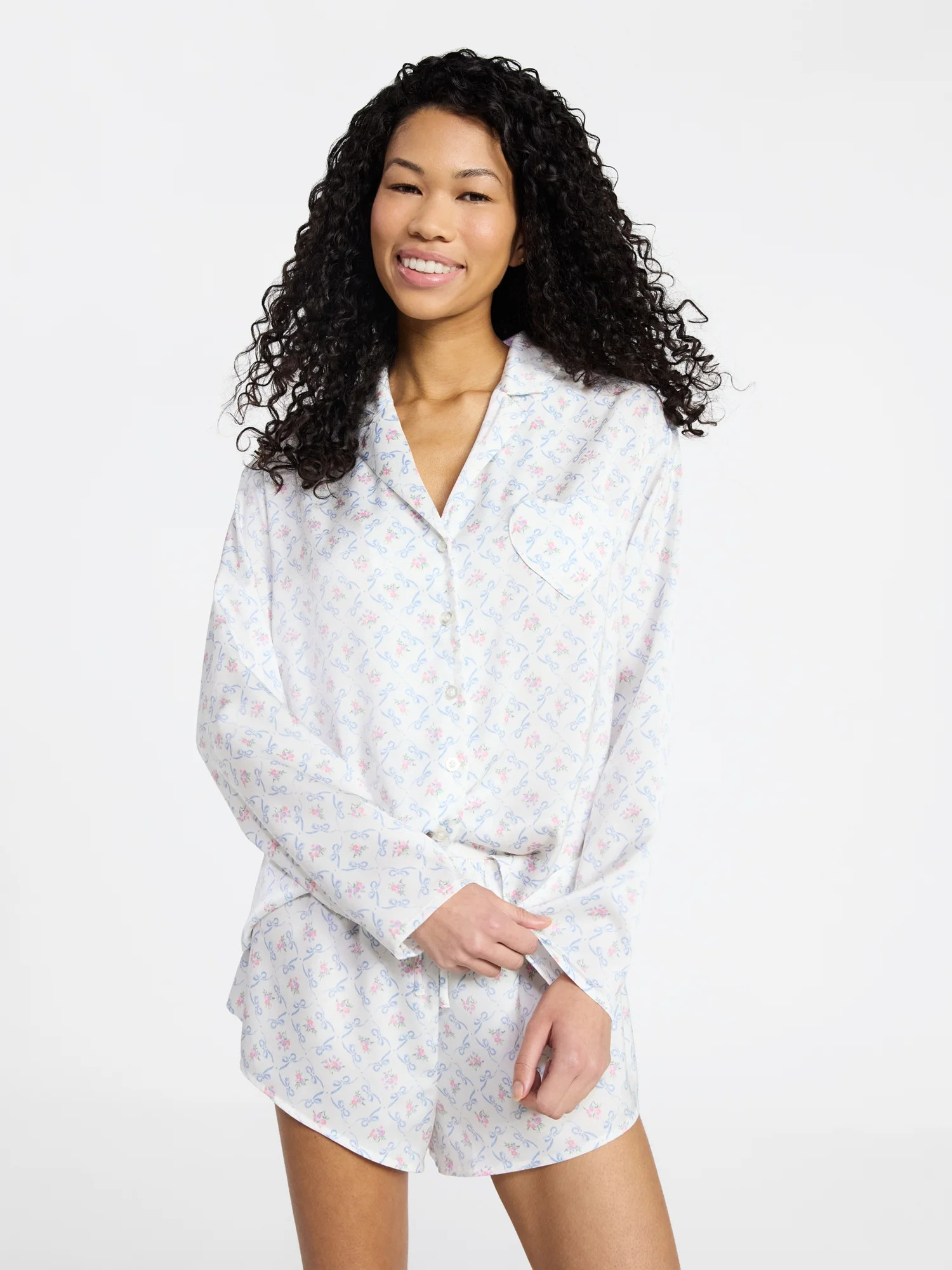 No Boundaries Sleepwear Satin Long Sleeve Button-Up Top and Shorts Set, 2-Piece, Women’s XS-XXL | Walmart (US)