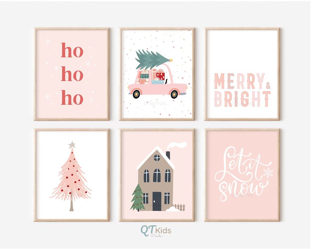 Pink Christmas Print Set of 6, Girl Room Xmas Decor, Merry & Bright, Let it Snow, Ho Ho Ho, Scand... | Etsy (US)