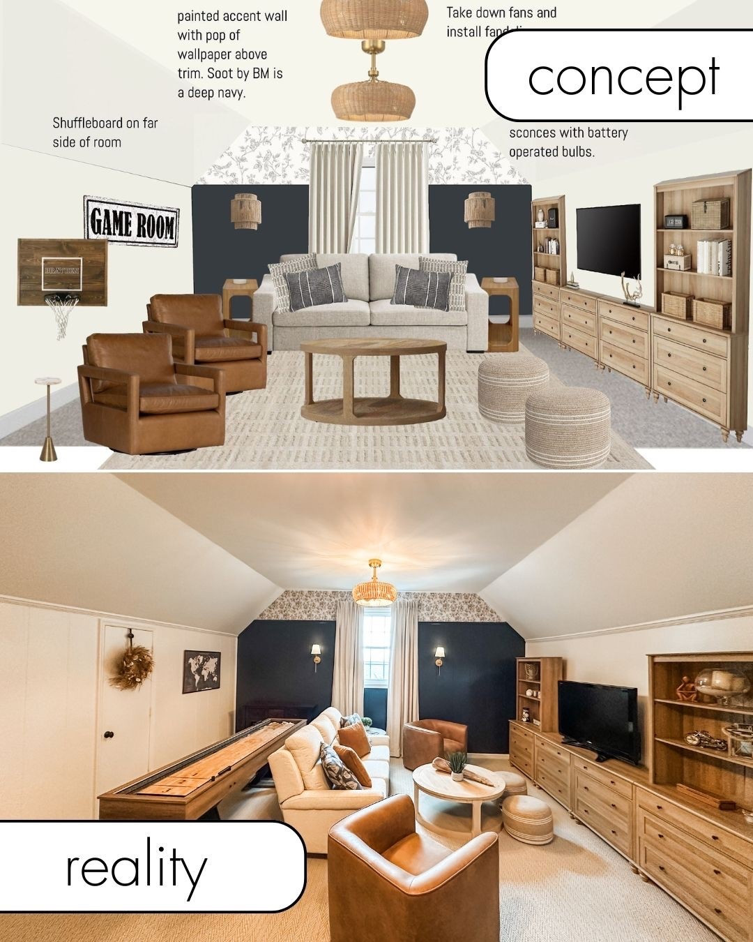 From concept to completion! 

🏡➡️✨ Our clients love seeing their spaces transform from our detailed design boards into their actual dream rooms. The best part? This entire transformation happened without a single in-person meeting! 

#TransformationTuesday #VirtualInteriorDesign