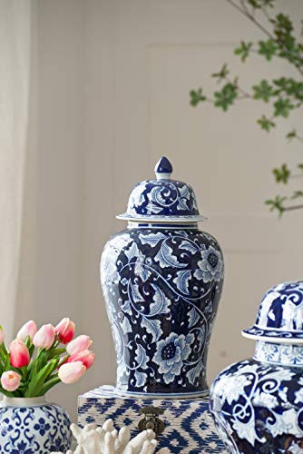 A&B Home 18" Porcelain Decorative Jar with Lid Blue White Floral Print Vase Ginger Jar Centerpiece Decor | Amazon (US)