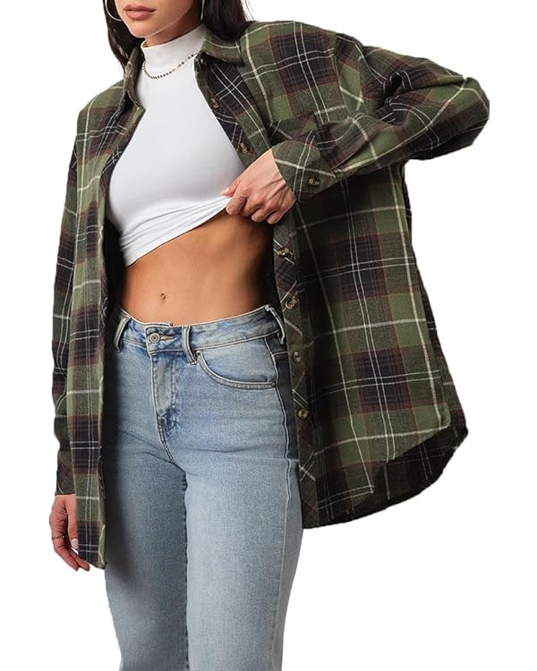CHYRII Womens Button Down Flannel Shirts Long Sleeve Plaid Shackets Business Casual Blouse Top | Amazon (US)