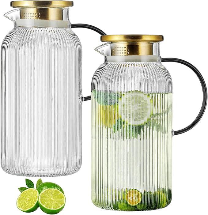 2 PACK Glass Pitcher with Lid,68 oz/ 2 Liter Vertical Stripes Water Pitcher With Black Handle,Gla... | Amazon (US)
