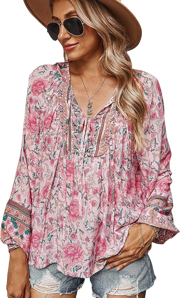 KAYWIDE Women's Casual Boho V Neck Top Loose Floral Printed Long Sleeve Beach Shirts Blouses | Amazon (US)