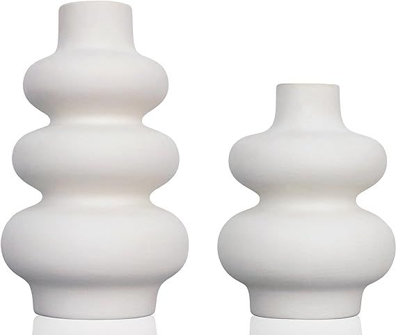 Cusmation White Ceramic Vase Set of 2, Modern Vases for Flowers Round White Vase Wavy Vase Flower... | Amazon (US)