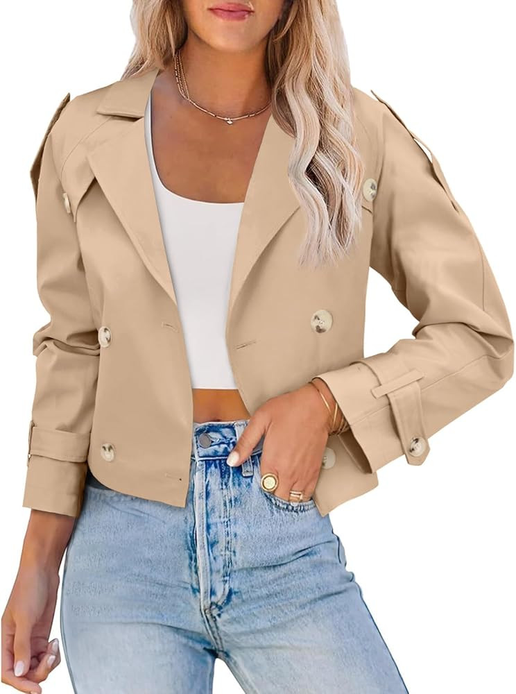 Imily Bela Womens Lapel Trench Coat Double Breasted Cropped Jacket Casual Outwear with Belt | Amazon (US)