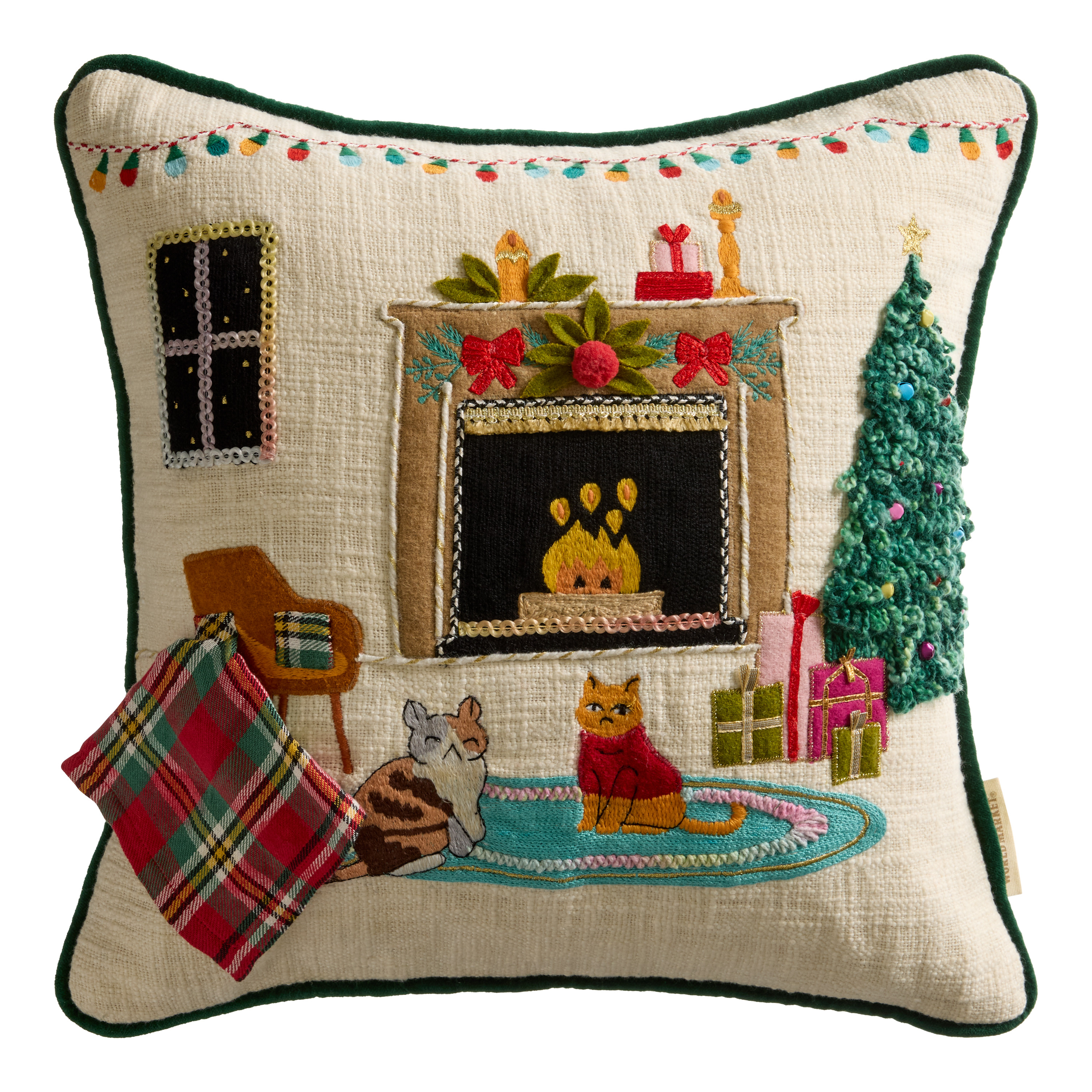 Christmas Cat Fireplace Scene Embroidered Throw Pillow | World Market