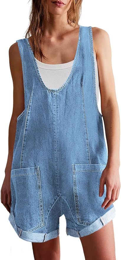 Cicy Bell Womens Summer Denim Rompers Casual Sleeveless V Neck Jeans Short Jumpsuits with Pockets | Amazon (US)