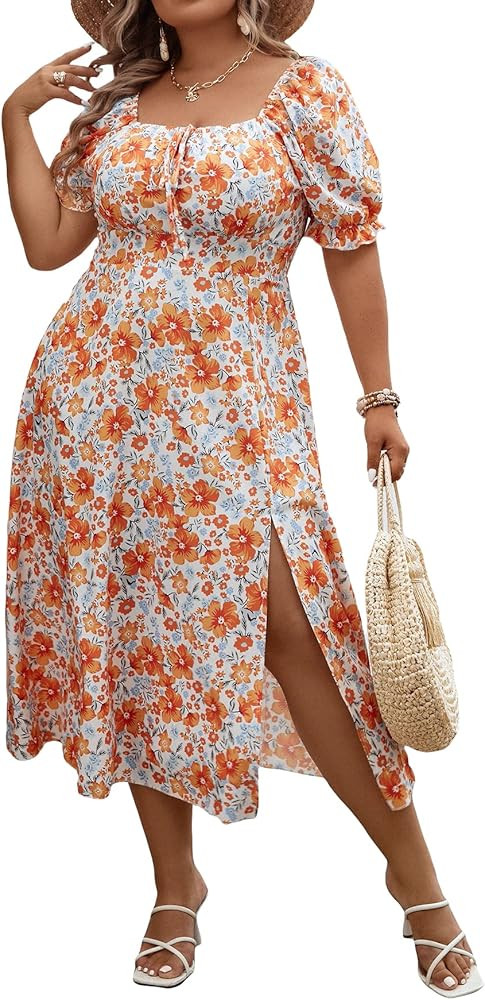 Floerns Women's Plus Size Floral Print Tie Front Square Neck Slit Hem Midi Dress | Amazon (US)