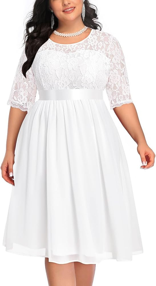 Pinup Fashion Plus Size Lace Chiffon Wedding Guest Dresses Women Cocktail Party Midi Dress | Amazon (US)