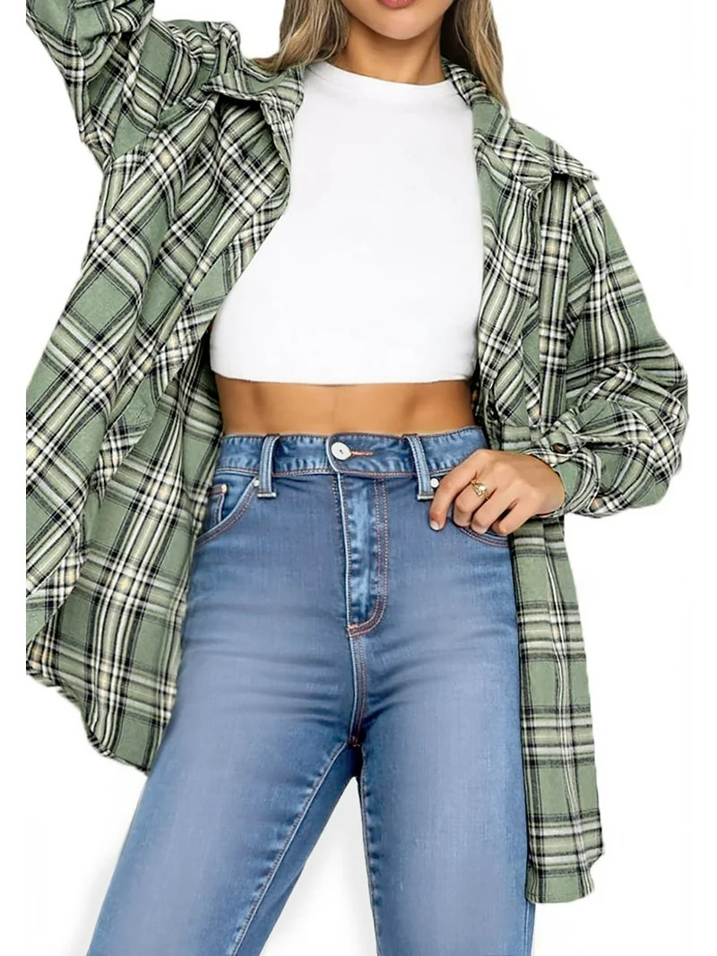 Fantaslook Plaid Flannel Shirts for Women Oversized Long Sleeve Button Down Shirts Blouses Tops | Walmart (US)