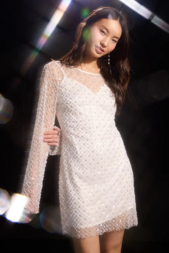Glowing Charisma White Sequin Pearl Mesh Long Sleeve Mini Dress | Lulus