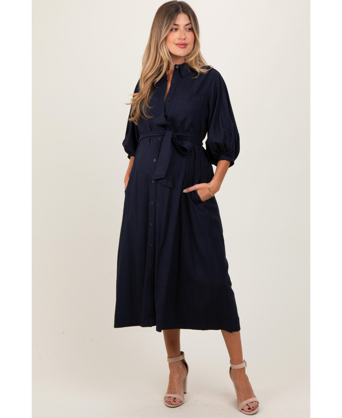 Pinkblush Maternity Navy 3/4 Bubble Sleeve Midi Shirt Dress - Navy blue | Macy's