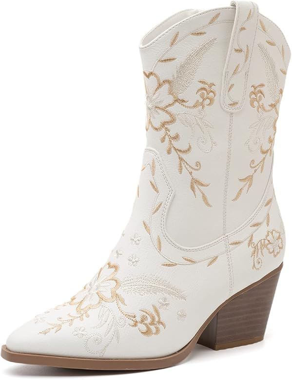 ANJOUFEMME Western Women's Cowboy Cowgirl Boots,Embroidered Round-toe Mid-calf Boots | Amazon (US)