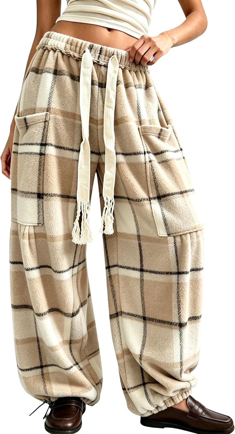 Springrain Womens Baggy Wide Leg Pants Plaid Flannel Harem Pants | Amazon (US)
