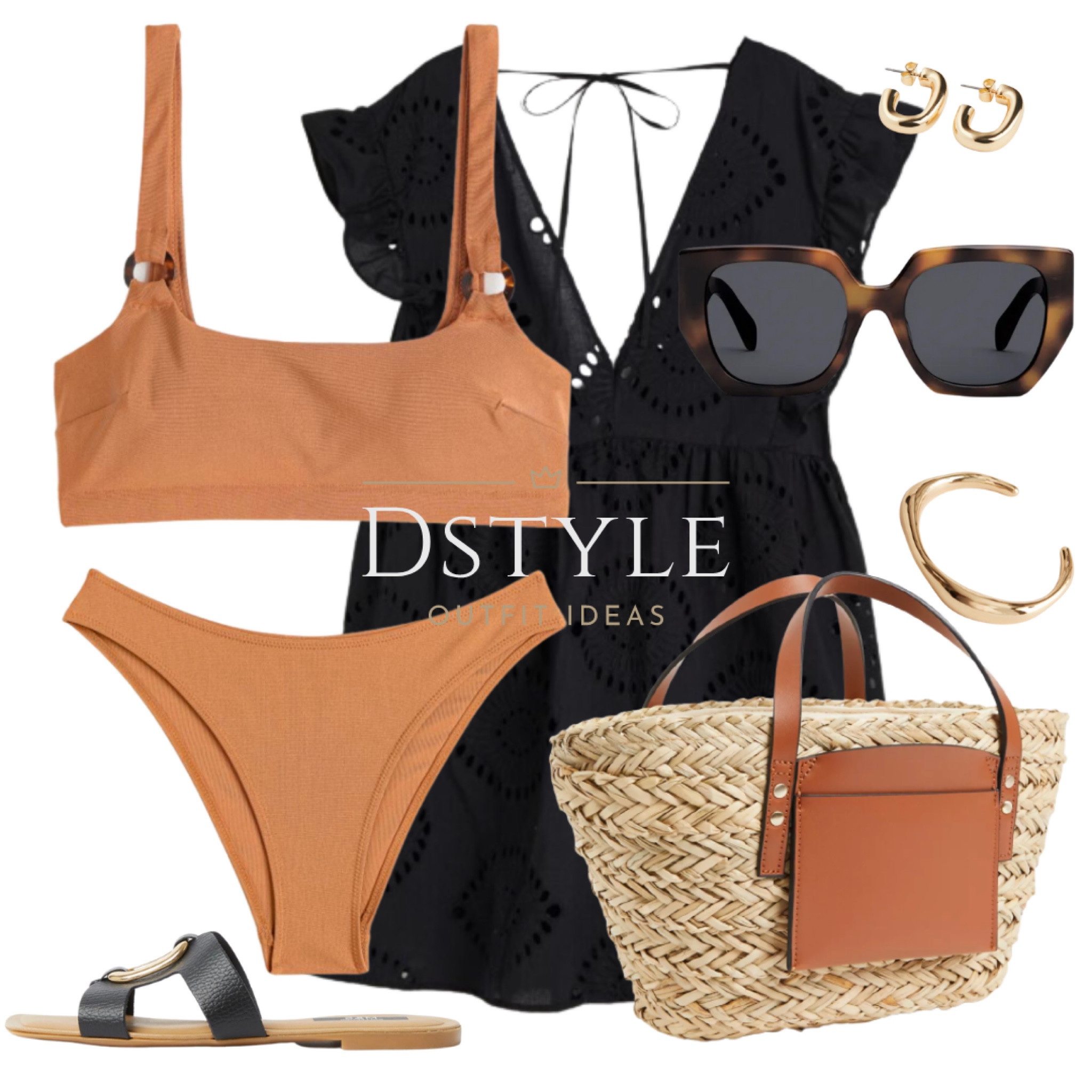 Beachside elegance at its finest 🌊☀️👙
This stunning brown bikini is perfectly paired with an eyelet embroidered black beach dress, black leather ring detail flat sliders, and a straw drawstring tote bag. Complete the look with stylish sunglasses and gold jewelry for a touch of glamour. Whether you're lounging on the sand or strolling along the boardwalk, this outfit will make you feel effortlessly chic and sophisticated. ✨

#LTKstyletip #LTKswim #LTKSeasonal
