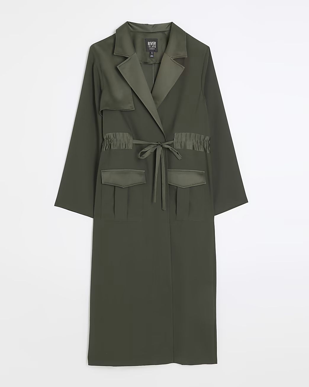 Khaki satin belted longline duster coat | River Island (UK & IE)