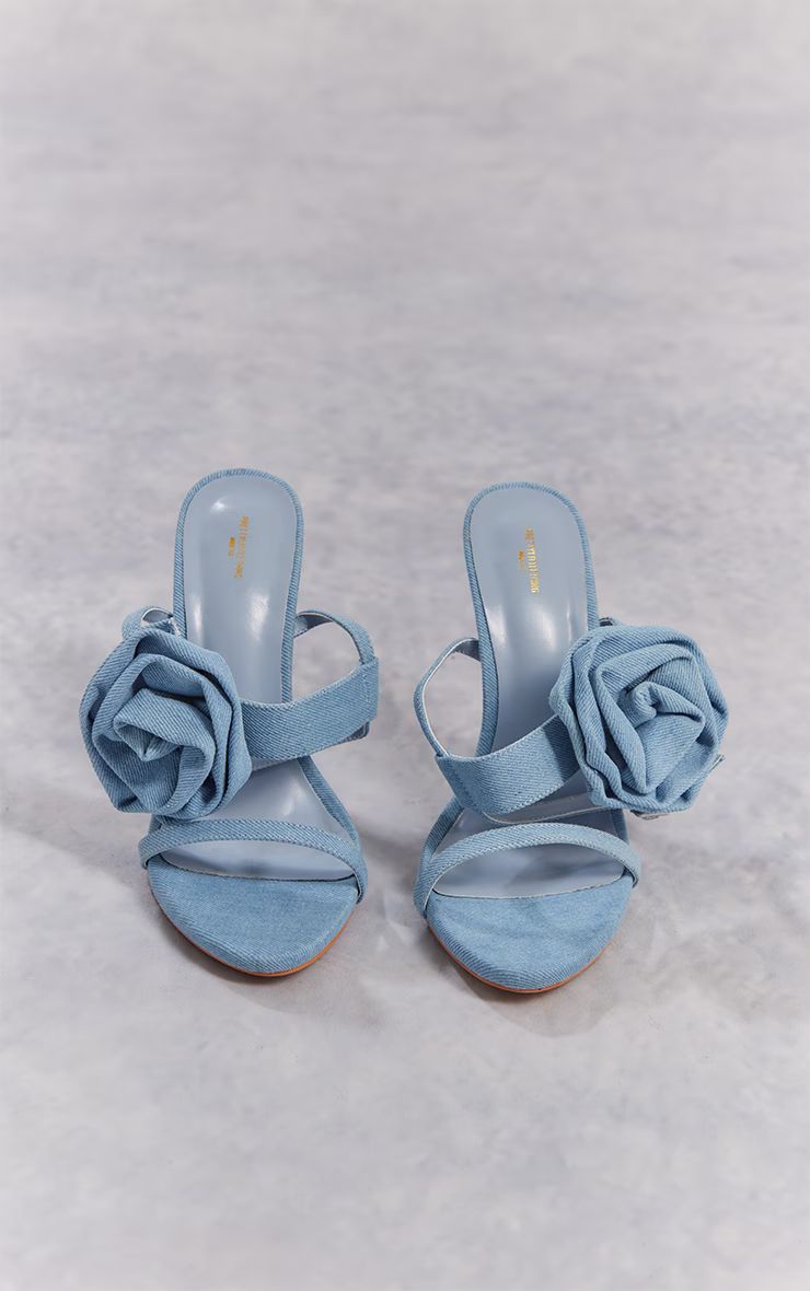 Denim Round Toe Side Rose Detail High Heeled Sandals | PrettyLittleThing US
