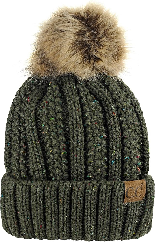 C.C Thick Cable Knit Faux Fuzzy Fur Pom Fleece Lined Skull Cap Cuff Beanie | Amazon (US)