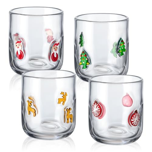 Reallnaive 4 Pcs Christmas Icon Juice Glass Cups 14 oz Christmas Tree Santa Claus Elk Xmas Balls Holiday Party Whiskey Glass for Holiday Drinkware Home Decor Lovely Gifts | Amazon (US)