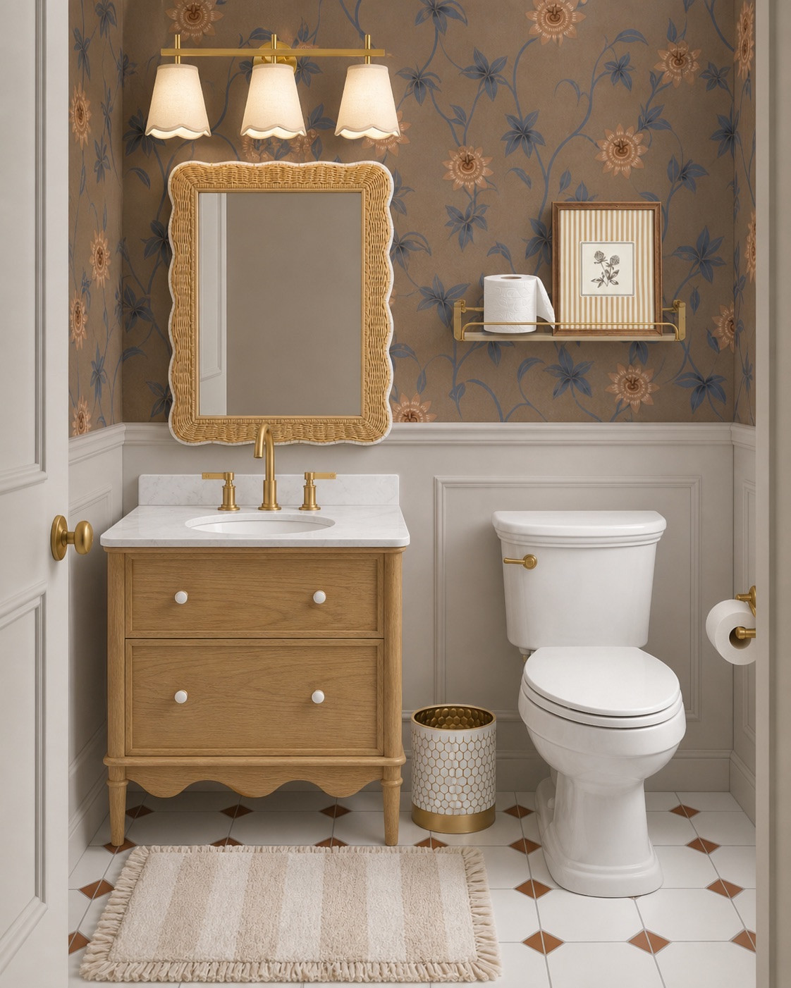 Fall powder bathroom! I love this wallpaper and the scalloped mirror and vanity! #powderbath #wallpaper

#LTKHome #LTKSeasonal #LTKSaleAlert