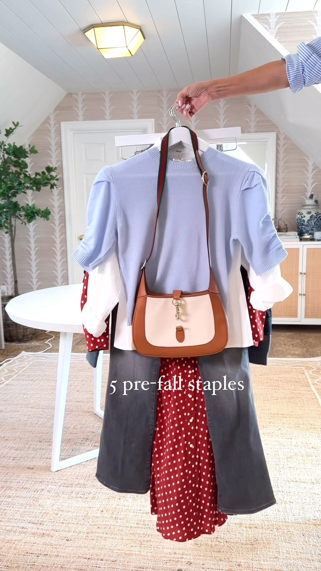 5 pre-fall staples

Gorgeous light blue cashmere sweater
Gucci Jackie bag with extra strap
White zip front shirt
Mother grey long mini flare jeans
Red dot dress that’s gorgeous 
Denim jacket with hood 
