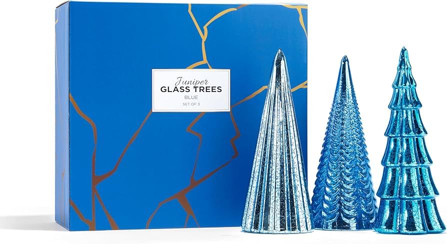 Blue Glass Christmas Tree Decoration with Lights - Set of 3 Decorative Christmas Trees, Mercury G... | Amazon (US)