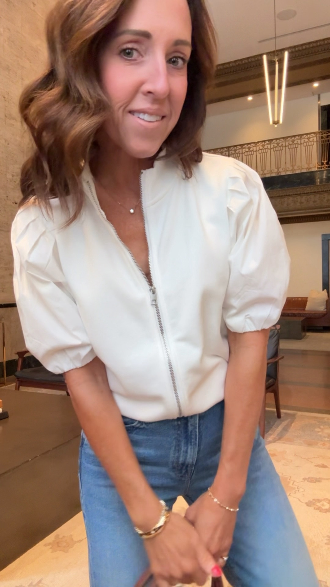 White zippered sweatshirt with statement sleeves. Spring sweatshirt. 
Size S. 

#LTKSeasonal #LTKOver40 #LTKootd