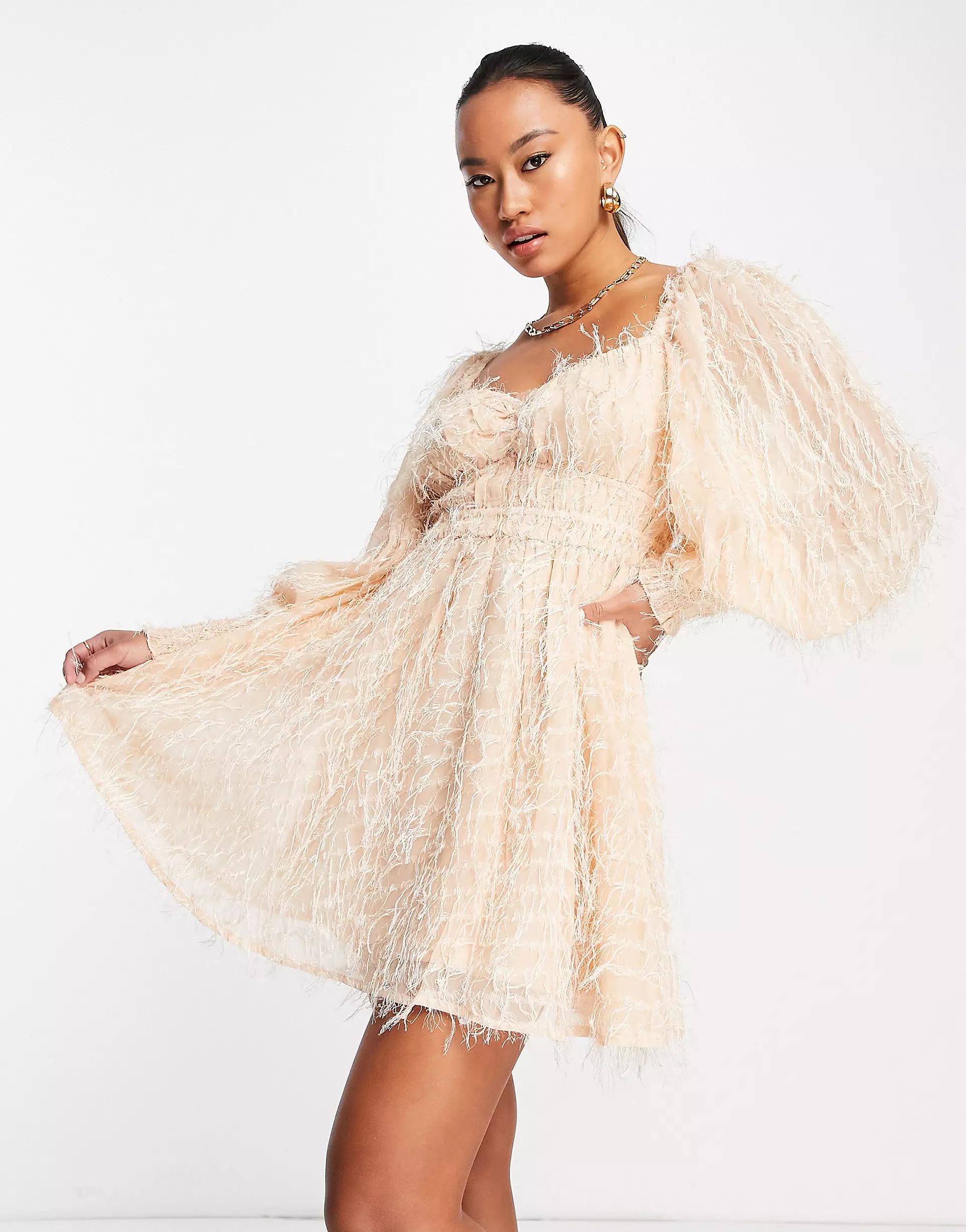 ASOS DESIGN fluffy mini dress with ruched bust and shirred cuffs in pale pink | ASOS (Global)