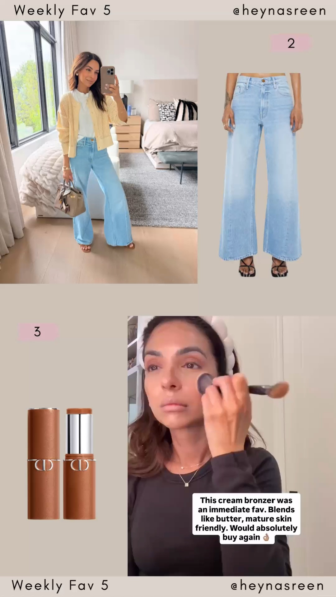 Fav 5:
#2: Mother jeans, these have been a big hit every week, I’m wearing my true size 24 petite 
#3: Dior bronzing stick, I’m wearing the shade medium tan 