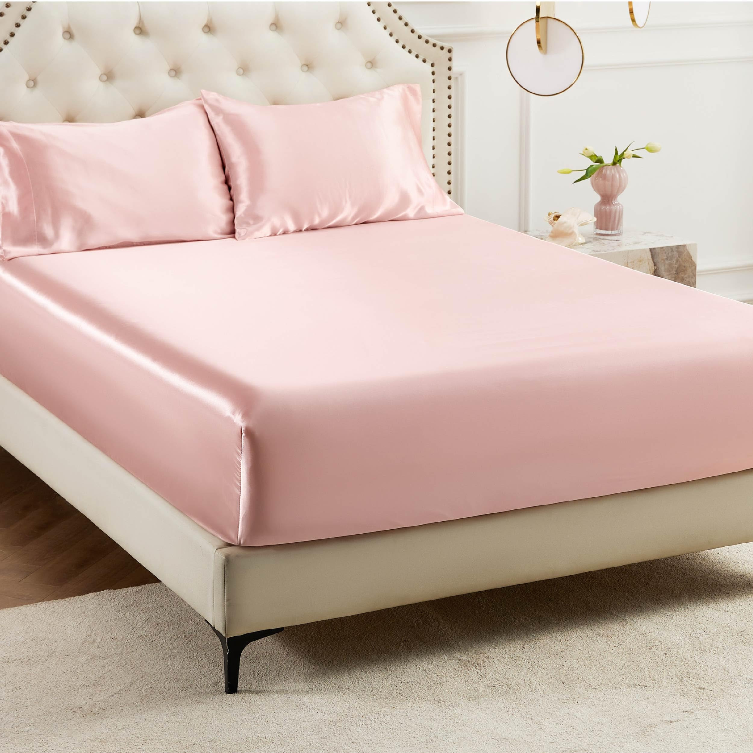 Bedsure Satin Fitted Sheet Only Queen Size - Pink Silk Bed Sheet, Luxury & Ultra Soft, Non-Fading... | Amazon (US)