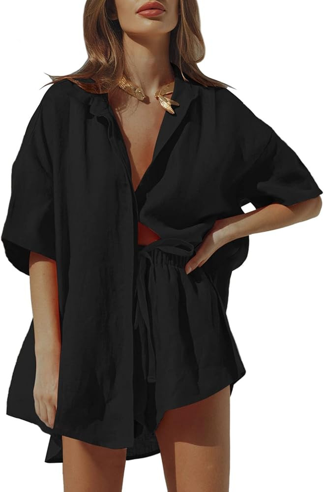 Falvurt Women's 2 Piece Outfits Casual Botton Down Shirt and Shorts Lounge Set Sweatsuit | Amazon (US)