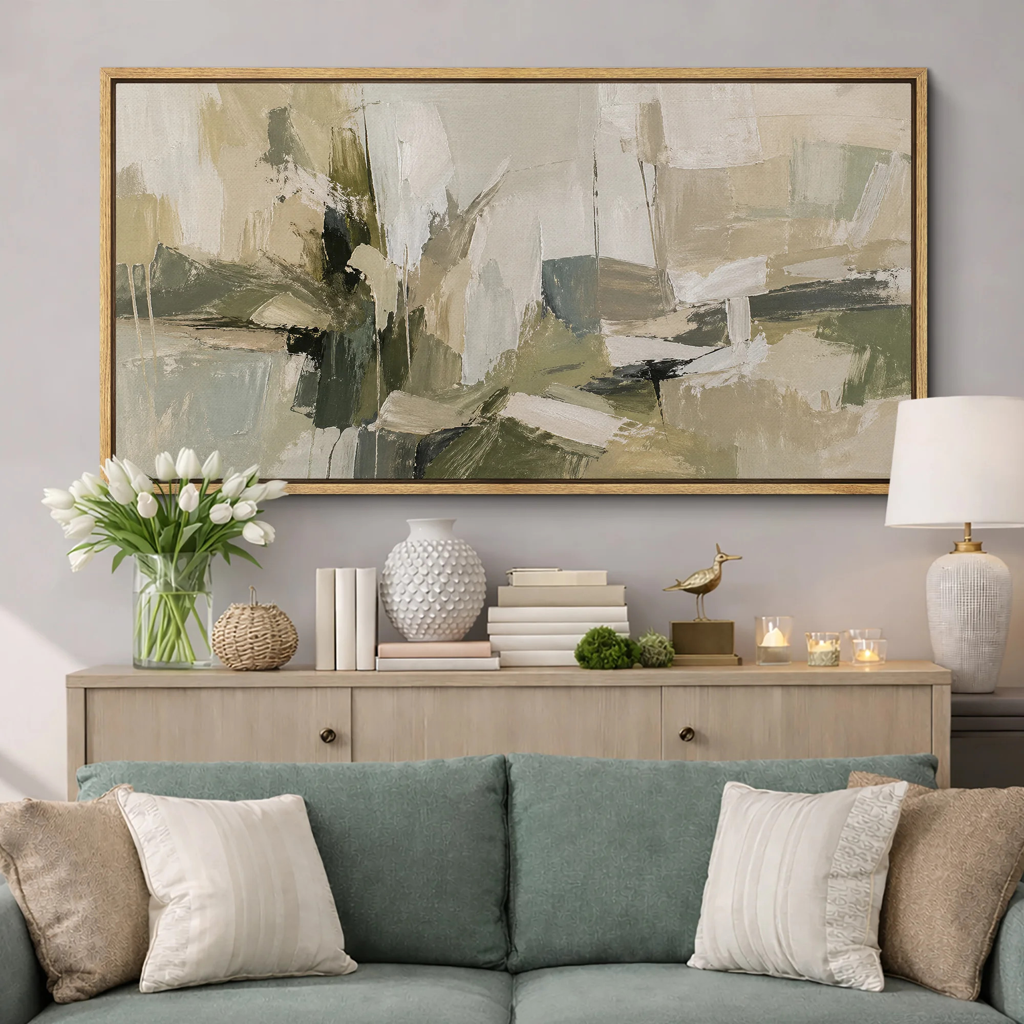 Sage Green Neutral Brush Abstract Artwork, Living Room Pictures, Framed Canvas Giclee Print 3 Pieces Wall Art | Wayfair North America
