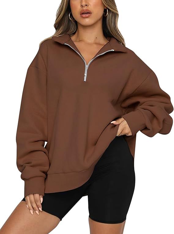 SAFRISIOR Women’s Oversized Half Zip Sweatshirt Drop Shoulder Long Sleeves Collar Quarter 1/4 Z... | Amazon (US)