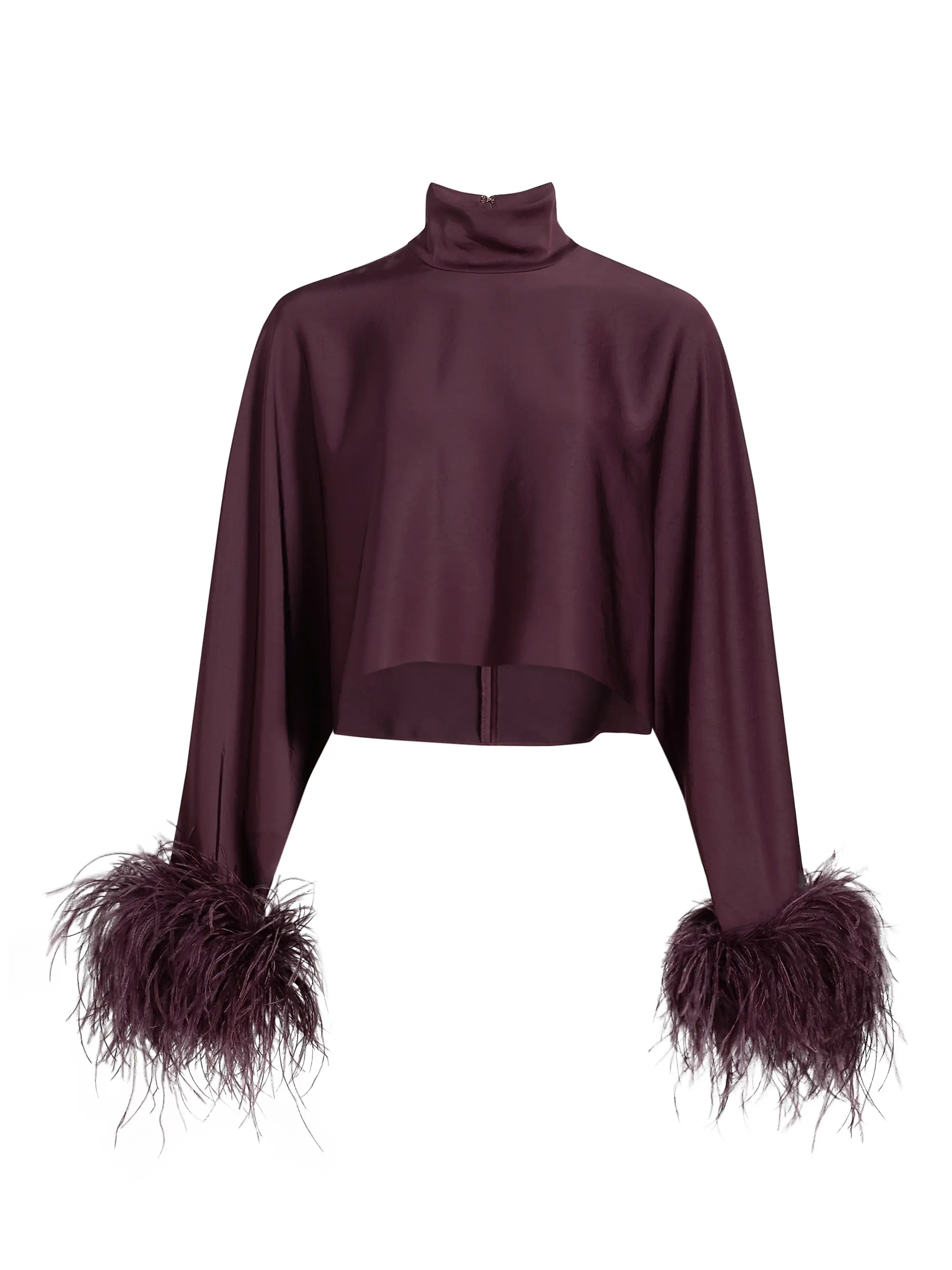Feather Trim Satin Long-Sleeve Crop Top | Saks Fifth Avenue