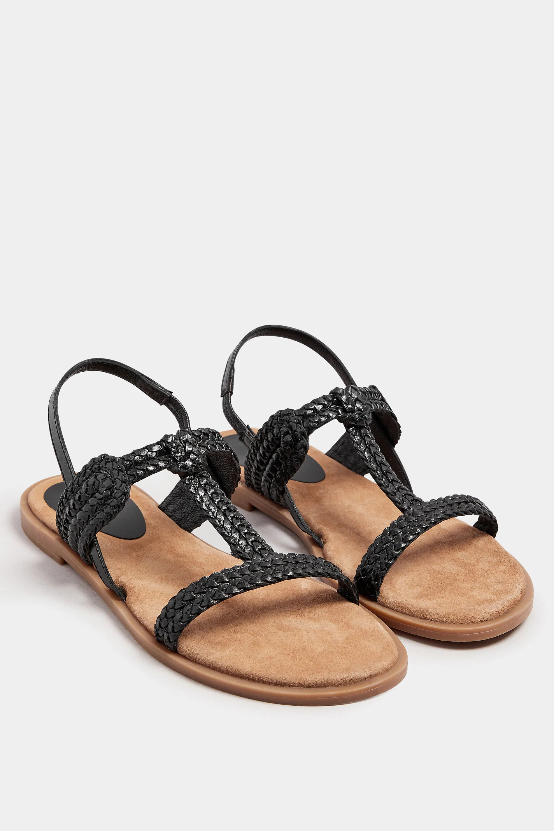 LTS Black Leather Plaited Strap Sandals In Standard Fit | Yours Clothing UK