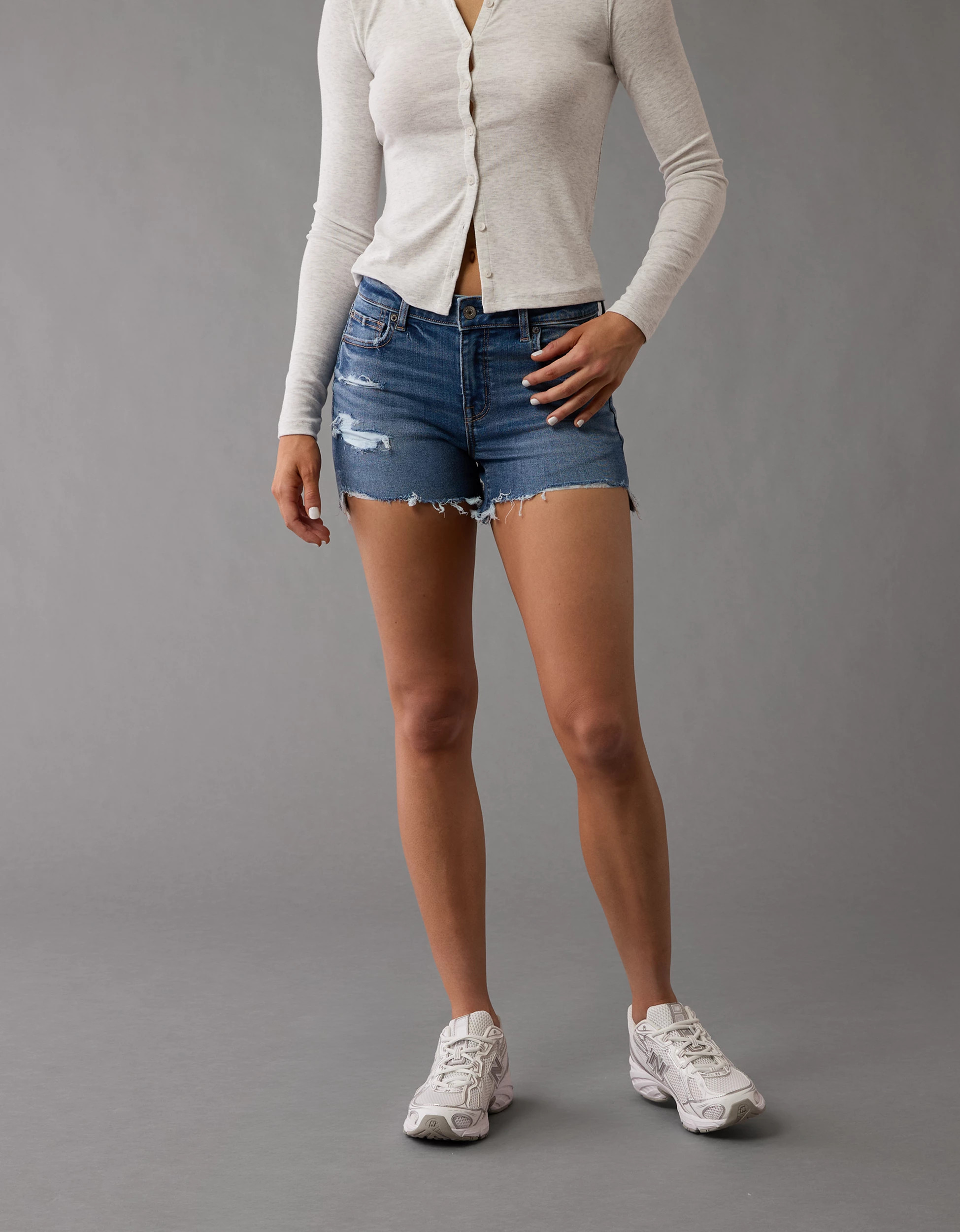 AE Next Level Ripped Low-Rise Denim Midi Short | American Eagle Outfitters (US & CA)