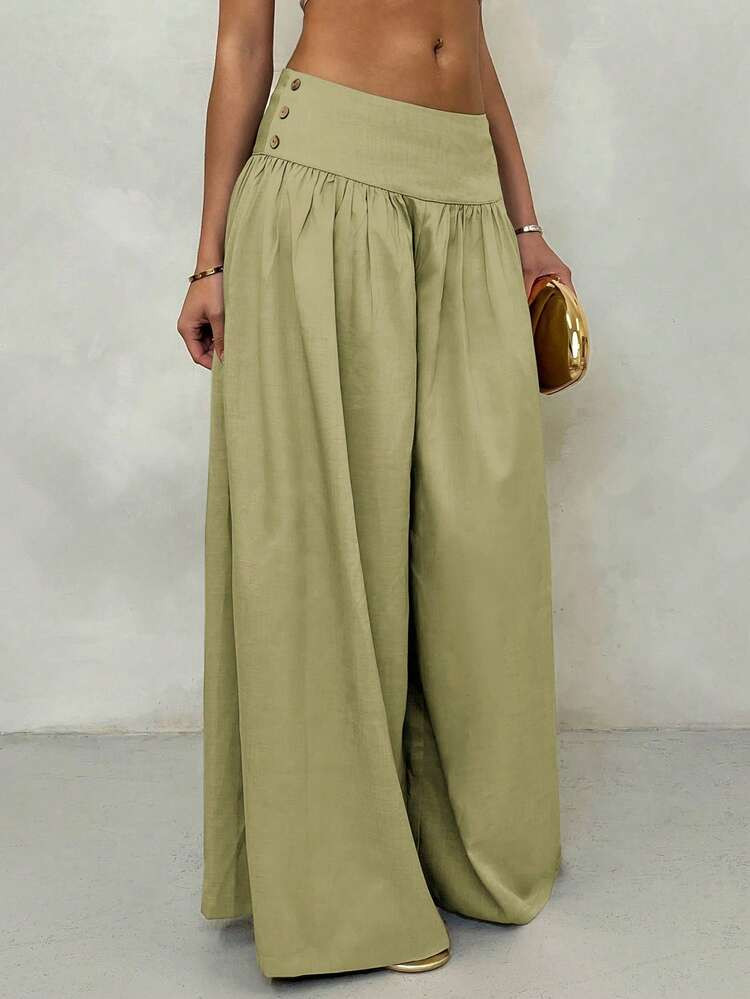 SHEIN PETITE Retro Low-Waisted Wide Leg Pants, Flowy & Slimming Casual Women Long Trousers Fall Women Back To School Wide Leg Pants Women Olive Green Pants Wide Pants Wide Leg Summer Pants Loose Pants Women Wide Leg Pants,Beach Vacation,Summer | SHEIN