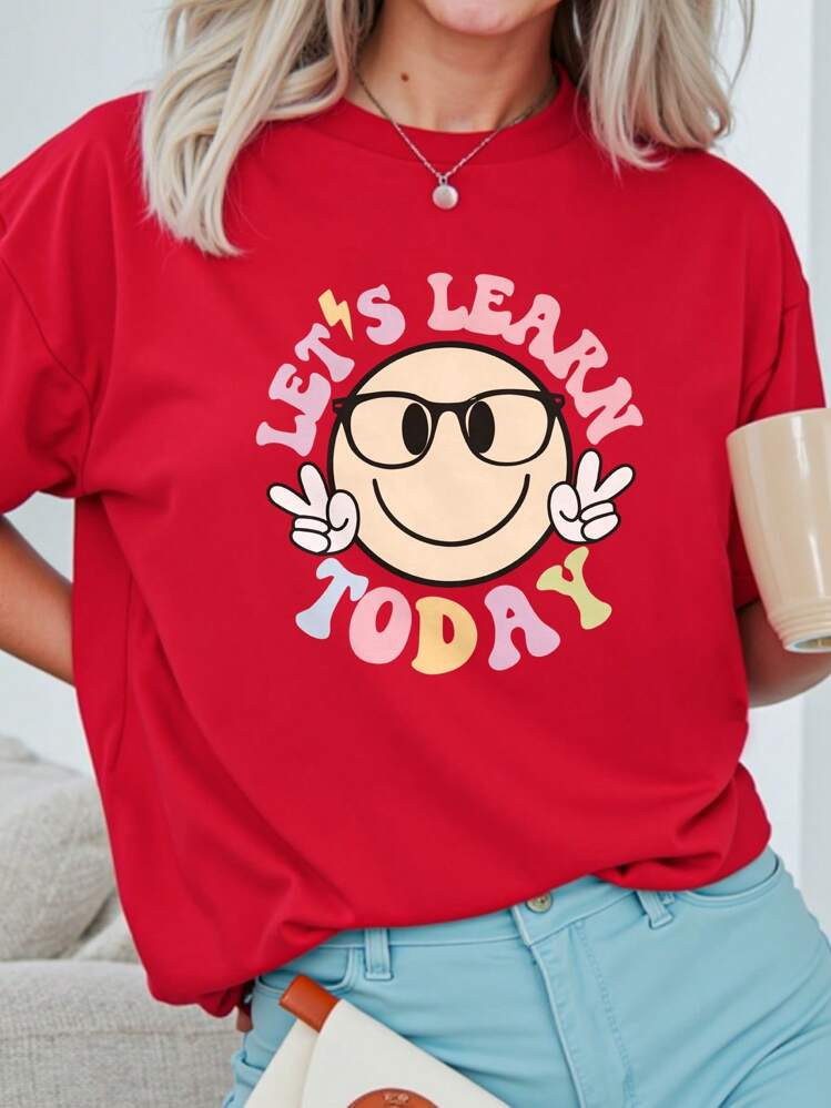 INAWLY Cartoon & Slogan Graphic Drop Shoulder Tee For New Year Clothes Graphic Tees Women Tops | SHEIN