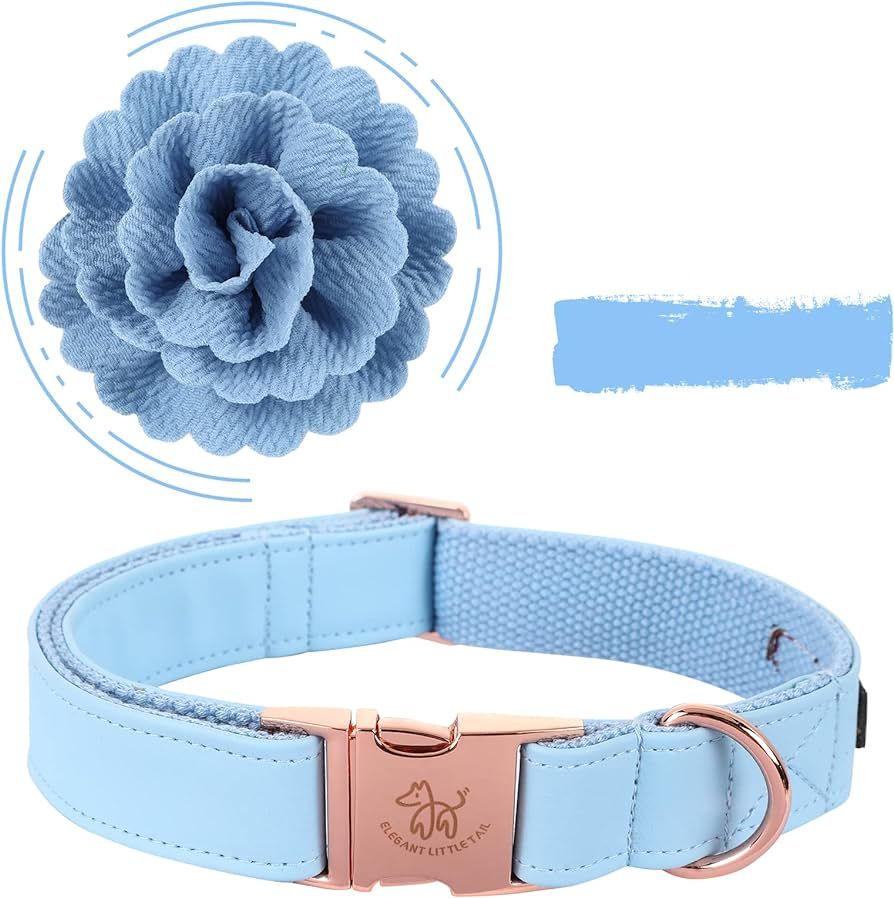 Elegant little tail Blue Leather Dog Collar, Girl or Boy Durable Pet Collar, Flower Pattern Bow T... | Amazon (US)
