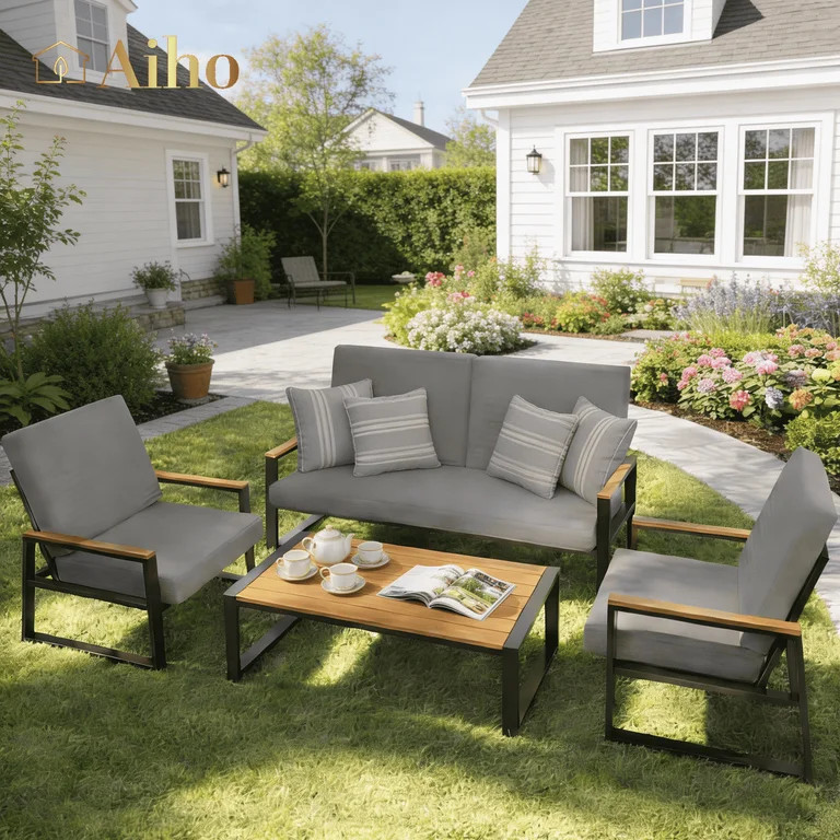 Aiho 4 Pieces Patio Furniture Set, All-Weather Outdoor Conversation Set with Coffee Table & Remov... | Walmart (US)