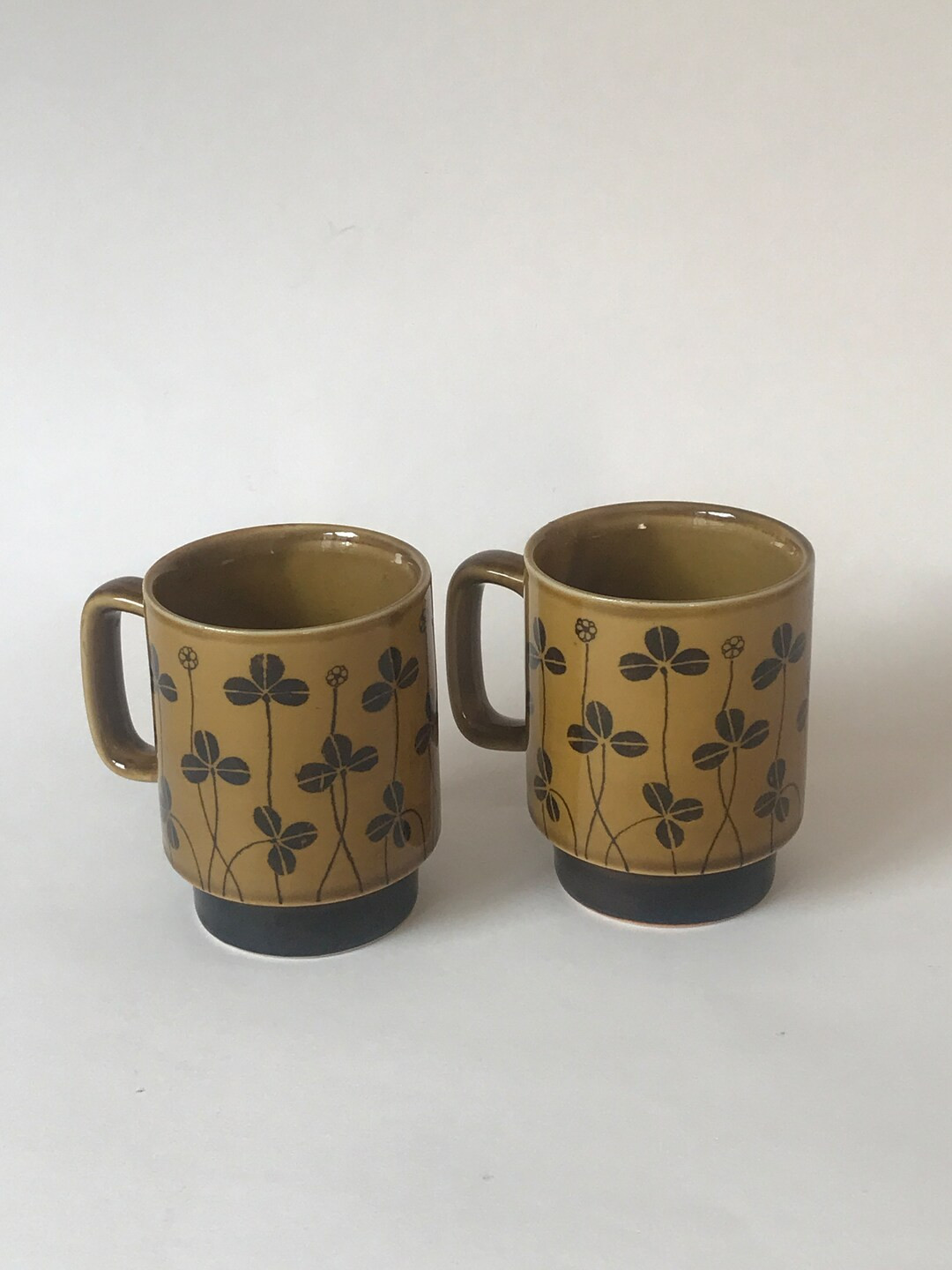 Ceramic Coffee Bean Clover Pattern Stackable Mug, Vintage Brown Glazed Shamrock Pottery Art Drink... | Etsy (US)