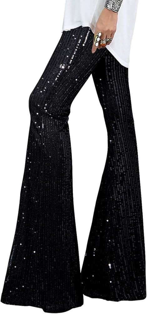 BLENCOT Women's Glitter Sequin Wide Leg Palazzo Pants High Waist Bell Bottoms Party Flared Trouse... | Amazon (US)
